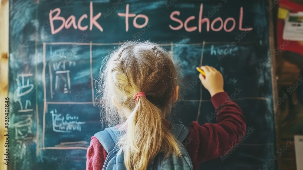 Back to School: Child Writing on the Chalkboard with Excitement Back to School: Child Writing on the Chalkboard with Excitement