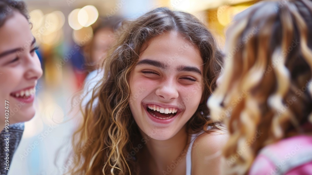 A teenage girl hanging out with friends at a mall, shopping and laughing together A teenage girl hanging out with friends at a mall, shopping and laughing together