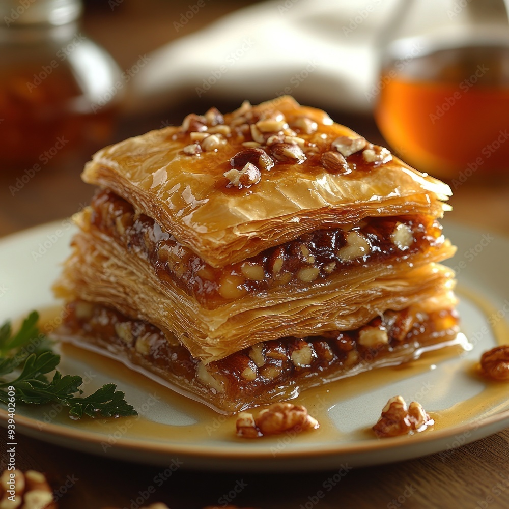Delicious Honey-Drizzled Baklava with Pecans - Close-Up Food Photography Delicious Honey-Drizzled Baklava with Pecans - Close-Up Food Photography
