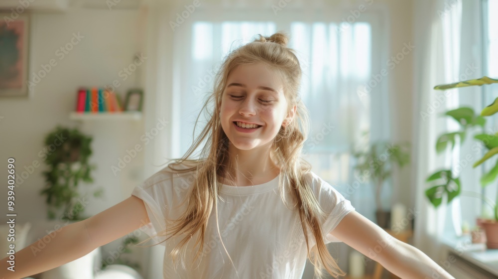 A teenage girl practicing dance moves in her room, focused and smiling A teenage girl practicing dance moves in her room, focused and smiling