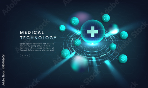 Healthcare technology and medical innovation digital technology background. Medical, science and technology concepts. Abstract futuristic design. Vector illustration.