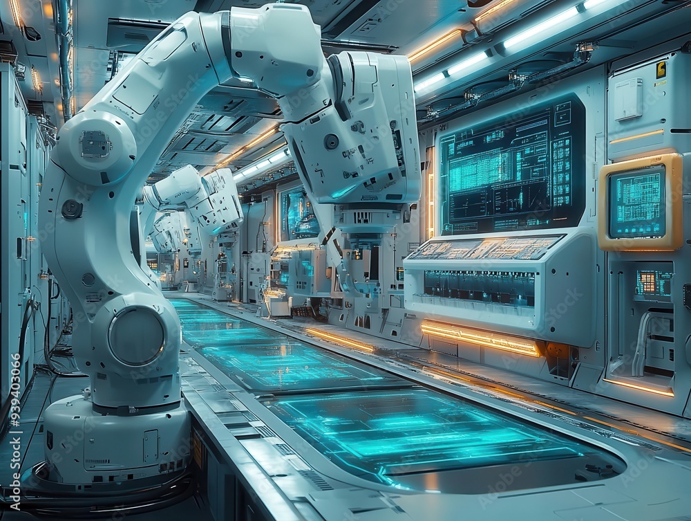 futuristic factory interior with robotic arms and holographic displays bathed in cool blue light futuristic factory interior with robotic arms and holographic displays bathed in cool blue light