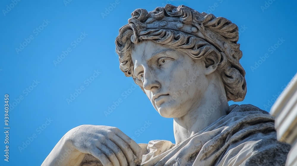 Close-up view of an ancient marble statue with detailed facial features and curly hair against a clear blue sky. Close-up view of an ancient marble statue with detailed facial features and curly hair against a clear blue sky.