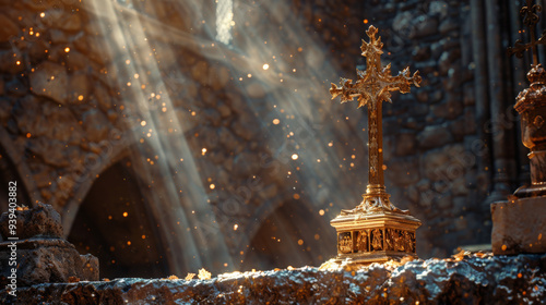 A gold plated medieval style cross sitting upright on a ornate gold base on a stone altar inside a church photo