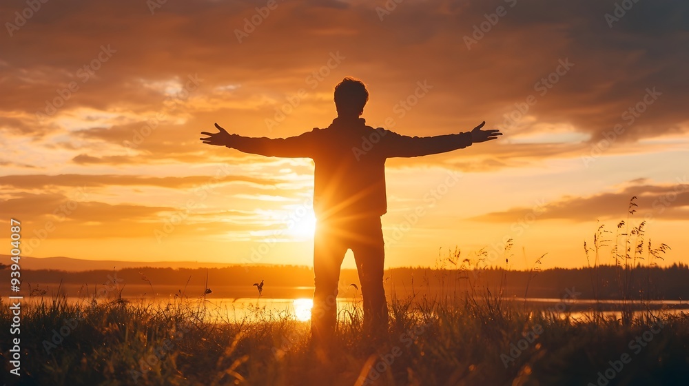 Fototapeta premium Silhouetted person standing with arms outstretched against a stunning sunset landscape