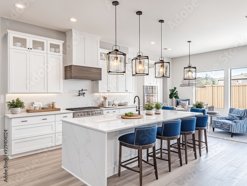 Modern Kitchen Island with White Cabinets Marble Countertop and Hanging Lanterns Low Angle Perspective