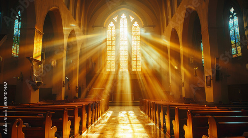 A photograph of the inside of a catholic church with sunlight coming through the stainglass window
