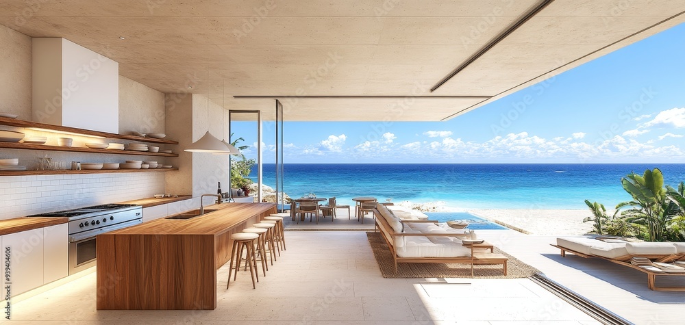 Fototapeta premium Modern Minimalist Kitchen with Ocean View Lightfilled space wood accents sliding glass doors and stunning seascape