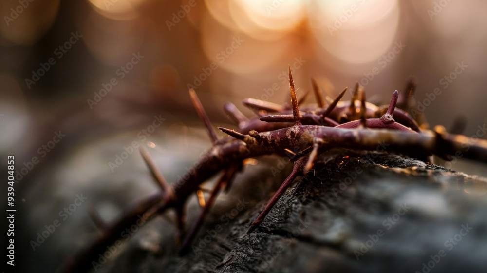 A wooden cross is placed, and a crown of thorns is placed in the middle of the cross. A wooden cross is placed, and a crown of thorns is placed in the middle of the cross.
