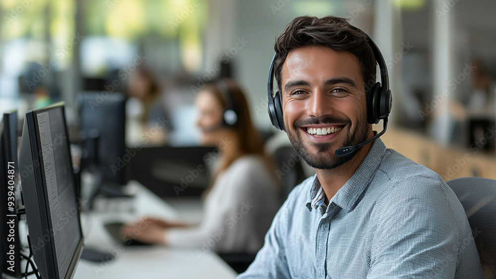 Obraz premium Mixed Race Man IT Support - Call center, customer service, headset, office, smiling, business, employee, worker, professional, computer, desk, technology, team