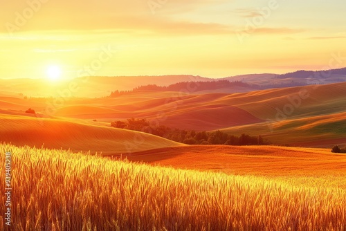 Idaho Region: Beautiful Palouse Hills Wheat Farm Landscape in Vibrant Colors