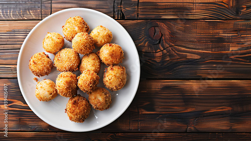 Tempting treat: crispy fried potato balls on a white plate with golden brown, on a dark wooden table photo