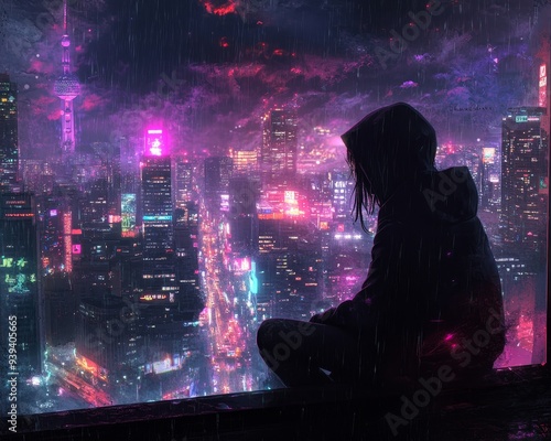 Silhouetted Figure Gazes Out Window at NeonDrenched Cityscape Under a Rainy Purple Sky photo