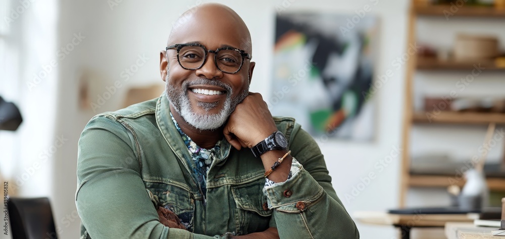 Fototapeta premium Smiling Man in Glasses CloseUp Portrait Warm Lighting Denim Jacket Relaxed Confidence