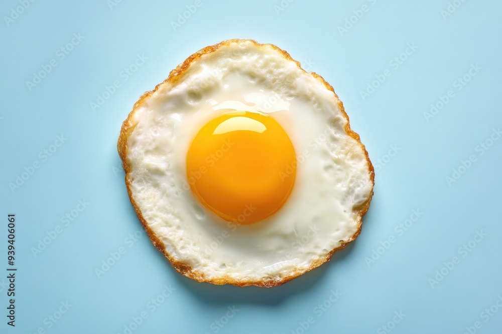 Fried Egg Realistic. Delicious Breakfast Concept with Tasty Fried Egg on Blue Background Fried Egg Realistic. Delicious Breakfast Concept with Tasty Fried Egg on Blue Background