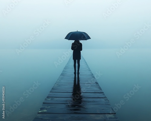 Solitude on a Foggy Pier A silhouette under an umbrella walks down a wet wooden plank towards the vast hazy horizon