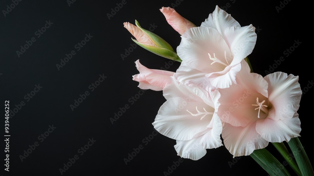 Gladiolus Black Background. Pale Pink Flower Blossom on Dark Paper Background Gladiolus Black Background. Pale Pink Flower Blossom on Dark Paper Background