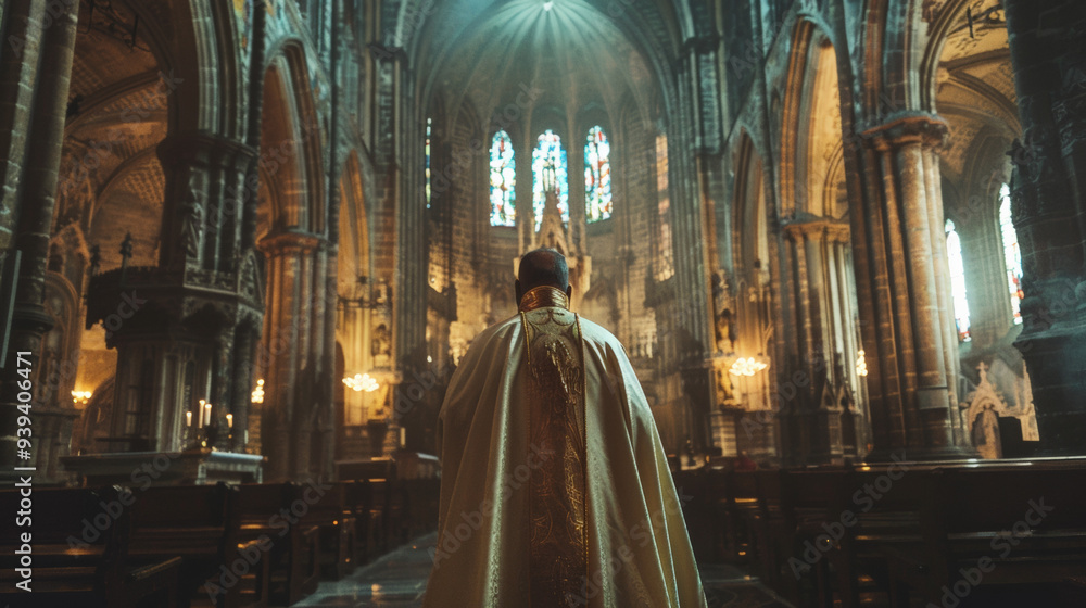 Cinematic style image of a solemn priest, wearing traditional religious attire. Cinematic style image of a solemn priest, wearing traditional religious attire.