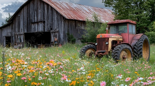 Rusty Antique Tractor Parked Beside Weathered Barn with Blooming Wildflowers