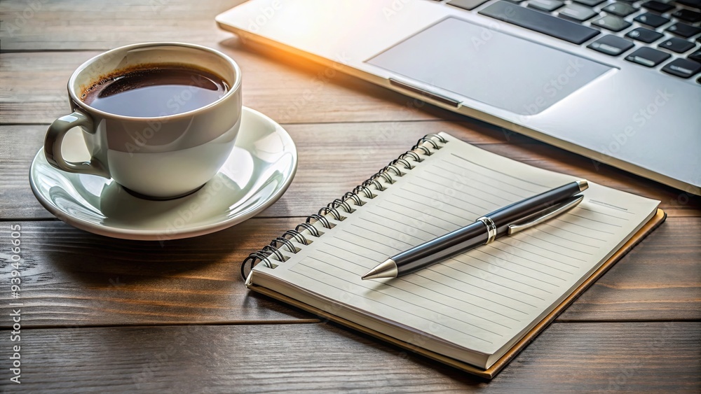 Morning coffee break at workstation with notebook and pen for jotting down ideas and to-do lists Morning coffee break at workstation with notebook and pen for jotting down ideas and to-do lists