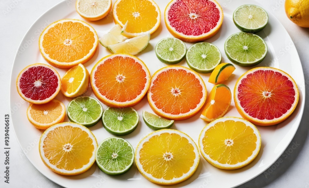 Sliced Citrus Fruits on White Plate for a Refreshing Presentation Sliced Citrus Fruits on White Plate for a Refreshing Presentation