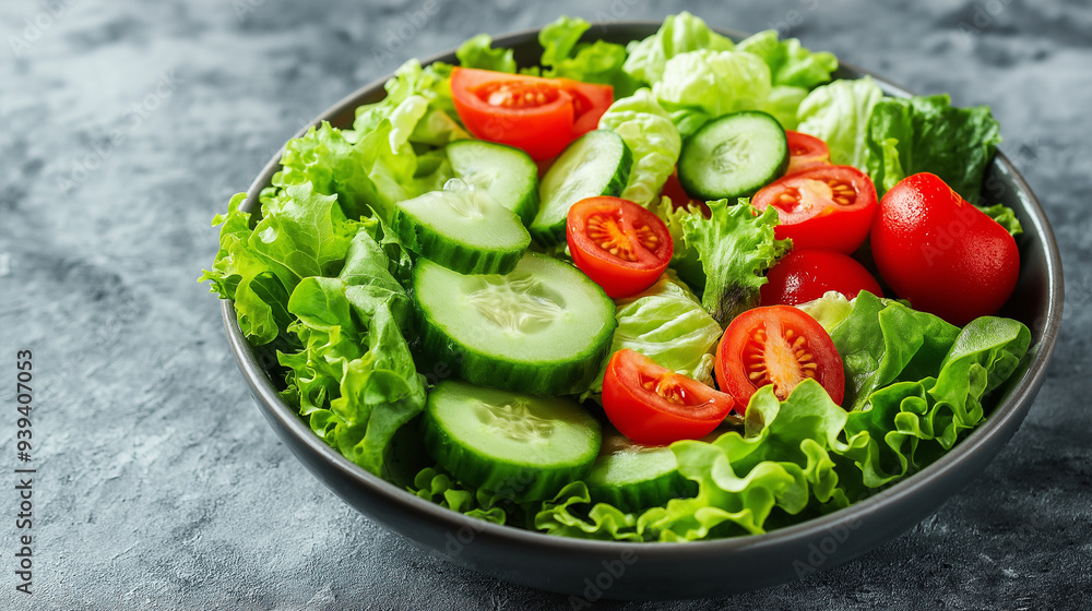 Fresh Garden Salad with Tomatoes and Cucumbers, Close-up of a fresh garden salad featuring crisp lettuce, juicy cherry tomatoes, and sliced cucumbers, served in a dark bowl on a textured surface.
Fresh Garden Salad with Tomatoes and Cucumbers, Close-up of a fresh garden salad featuring crisp lettuce, juicy cherry tomatoes, and sliced cucumbers, served in a dark bowl on a textured surface.