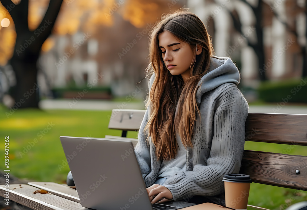 Fototapeta premium A young woman felt uncomfortable working on her laptop outdoors, so she grabbed her sore neck