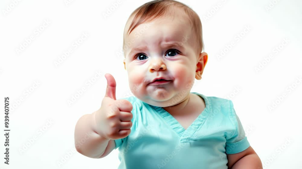 Baby in blue shirt giving thumbs up with a smile on a white background, 4k video Baby in blue shirt giving thumbs up with a smile on a white background, 4k video