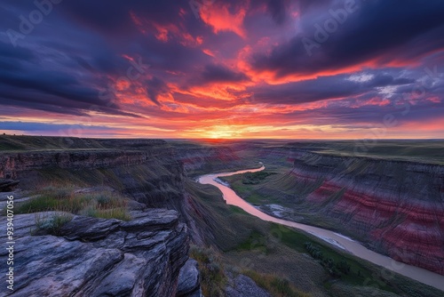 Drumheller Valley. Adventure in Canadian Badlands with Colorful Sunset over Horsethief Canyon photo