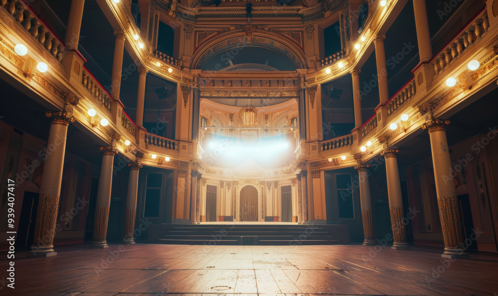 Obraz premium Frontal view of a classical theater with side parterres closely framing the stage, illuminated from above