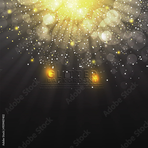 Black color luxury falling sparkles background design with bokeh effect. Golden shine light effect background design for holiday. Glitter golden color background design. Colorful sparkles background