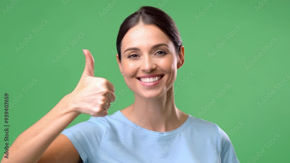 Happy woman giving thumbs up gesture against green screen background for positive approval concept, 4k video Happy woman giving thumbs up gesture against green screen background for positive approval concept, 4k video