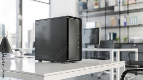 Close-up of a black server computer tower case on a white office desk with selected focus, showcasing modern it equipment and technology infrastructure in a professional workspace photo