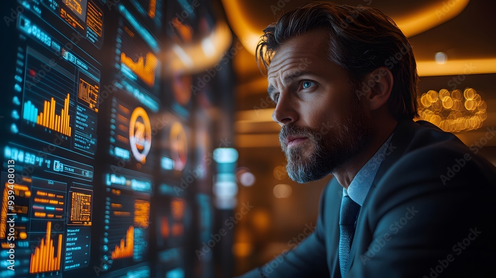 CEO explaining revenue growth to investors, projector screen with data, product sales, e-commerce trends CEO explaining revenue growth to investors, projector screen with data, product sales, e-commerce trends