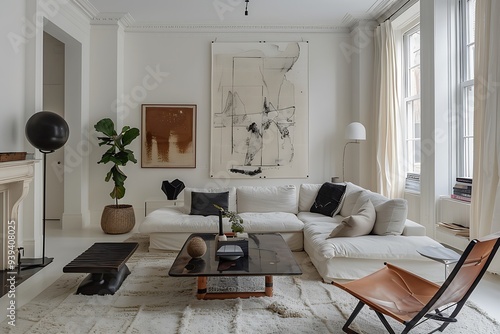 Minimalist Living Room with Artistic Touches, Living room featuring artistic touches and minimalist furniture