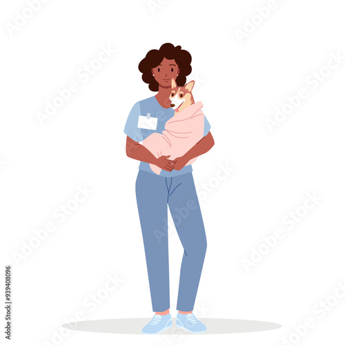 Female veterinarian holding dog in hands on vet checkup. Young cute doctor of veterinary hospital standing with sick puppy for examination and treatment, girl smiling cartoon vector illustration