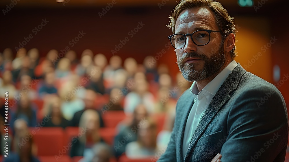 Fototapeta premium Corporate speaker addressing an audience in a conference room, presentation on business growth, entrepreneurship focus