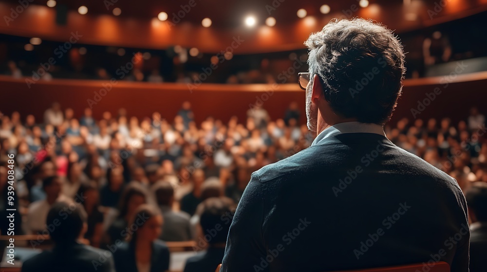 Professional speaker giving a business presentation in a corporate setting, engaged audience in a conference room Professional speaker giving a business presentation in a corporate setting, engaged audience in a conference room