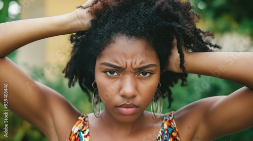 A Black woman shows visible signs of stress and frustration while surrounded by greenery