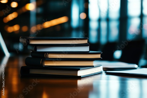 A stack of closed books on a wooden table in a softly lit workspace, perfect for study or reflection.