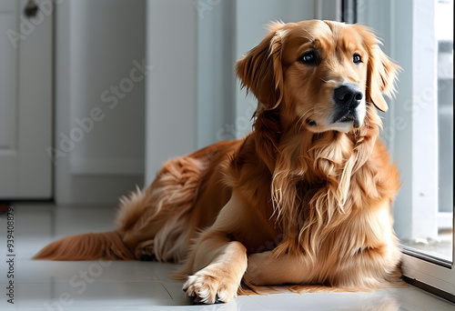 A sad golden retriever lies on the floor,on a transparent background. The dog appears bored and unhappy.