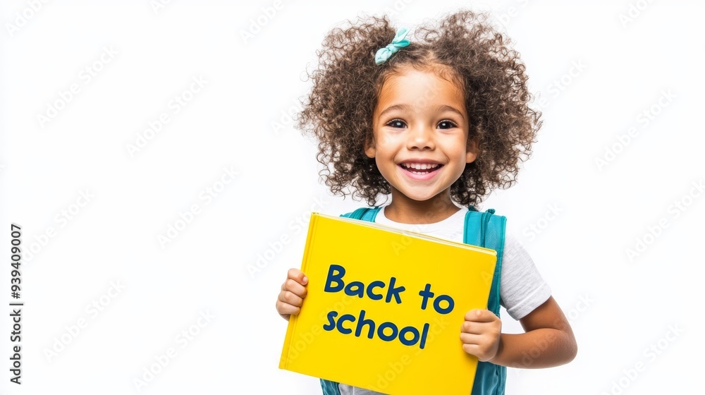 Happy Child Holding 'Back to School' Book on White Background Happy Child Holding 'Back to School' Book on White Background