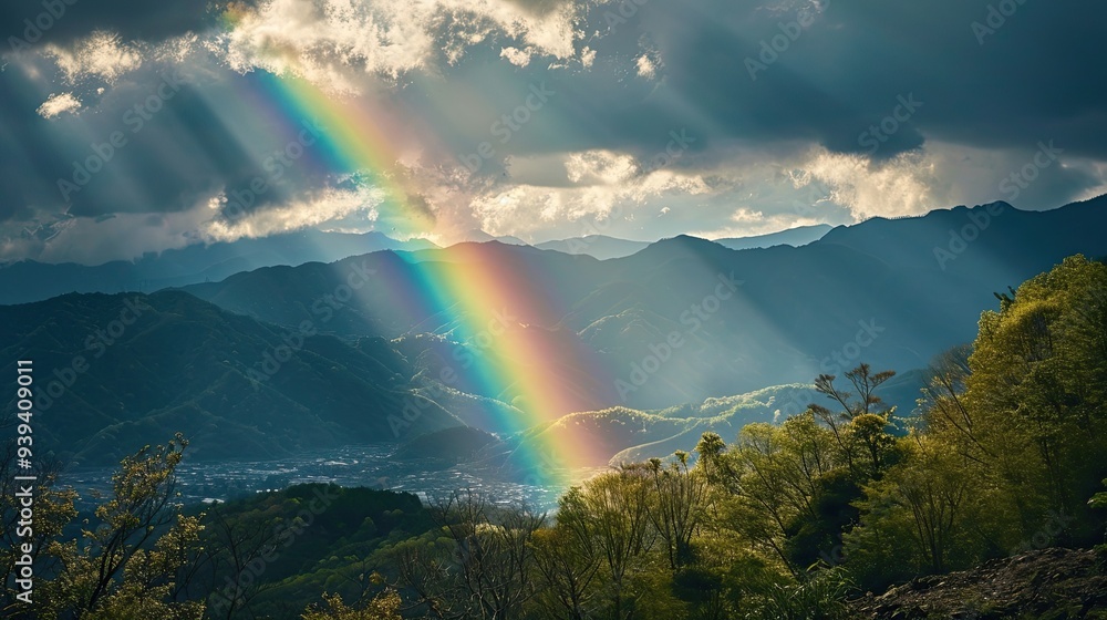 A bright rainbow stretched across the sky after the passing spring rain., A bright rainbow stretched across the sky after the passing spring rain.,