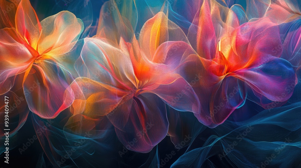 Obraz premium Abstract flowers representing beauty and meaning in human life, set against a dynamic futuristic background, vibrant and deep