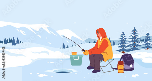 Winter fishing in frozen mountain lake landscape. Male fisherman in warm jacket sitting on folding chair with fishing rod to catch fish in hole in ice, man waiting cartoon