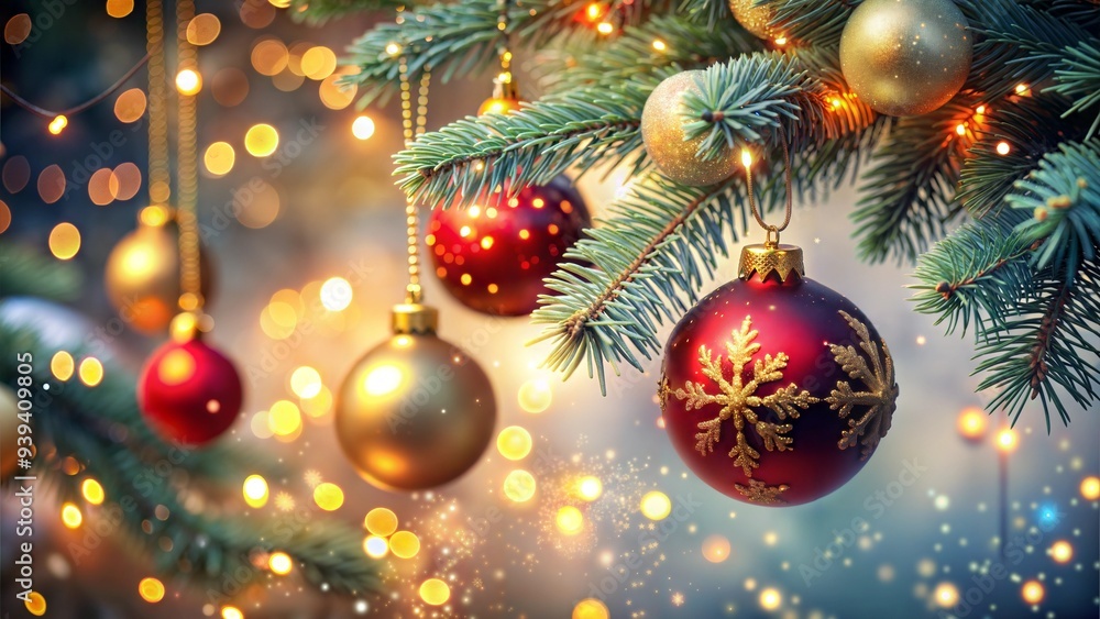 Christmas Tree with Red and Gold Ornaments, Festive Holiday Lights with Copy Space Christmas Tree with Red and Gold Ornaments, Festive Holiday Lights with Copy Space