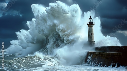 Majestic wave towering over a lighthouse,showcasing nature's raw force against manmade structures