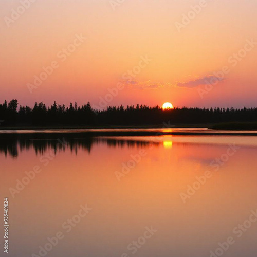 "Sunset Over Calm Lake with Pine Trees and Orange-Pink Cloud Reflections"