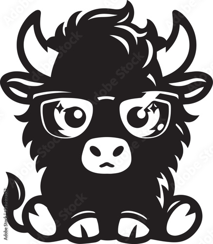 Cute little bison wearing glasses vector illustration silhouette