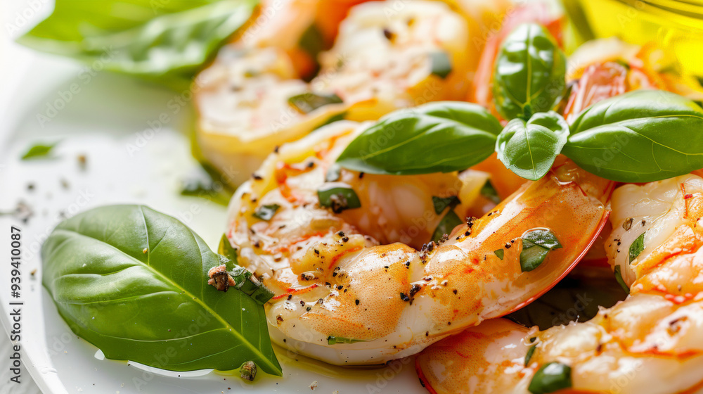 Shrimp with basil white background Shrimp with basil white background